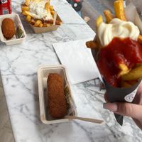 vegan croquette and fries witt vegan mayo and ketchup  (front fries)  at Heertje Friet in Amsterdam