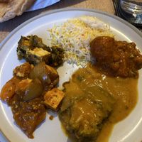 Tofu spinach, tofu with onions, Lorna, mango sabzi   at Vegan Rasoi in Barry