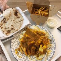 Tofu makahni, tikka fries, pilau rice and roti at Vegan Rasoi in Barry