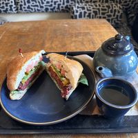 Vegan cheeseburger and genmaicha tea  at Teaism - Dupont Circle in Washington