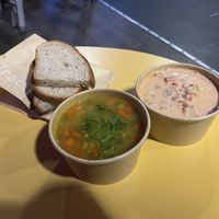 Takeaway (pic not taken within the cafe!). Lentil soup, and tofu stew  at Tractor Foods - Robson in Vancouver