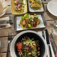 Wakame salad, meatless tacos and aubergine bites.  at Maggie Blue in Alphen Aan Den Rijn