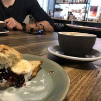 Blueberry thyme scone with cashew yoghurt and banana at WAY Specialty Coffee Roasters in Ghent