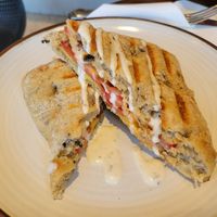 Spicy salami and cheese focaccia panini at Debby's Good Veggie Food in Barcelona