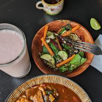 Strawberry coconut cream shake, pozole, delicious salad! at La Cocina del Zorro in Tijuana