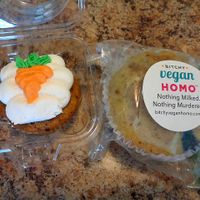 Carrot Cake Cupcake and Blueberry Muffin. Cupcake icing was the fluffy, whipped kind. Generous raisin filling. Both were good, but the muffin was extra-fabulous. at Bitchy Vegan Homo in Cleveland