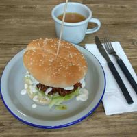 Vegan Bleu Cheese Burger and tea at VX at Vx in North London