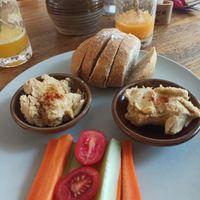 Hummus with in house baked bread at The Bakery 88 in Dali