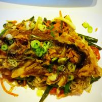 Noodles with stirfried vegetables and crispy seitan. at Loving Hut in Hannover