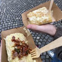 Asparagus dumpling (pictured on the left).  at Moji Struklji - My Dumplings of Slovenia in Ljubljana
