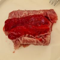 The sweet vegan one, with raspberry at Moji Struklji - My Dumplings of Slovenia in Ljubljana