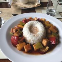 Linda’s sweet and sour crispy tofu. She even gave me the recipe! at Goats & Oats at Garsdale in Sedbergh