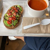 Tomato soup and viva la vegan toast combo  at Life Bowls in New Haven