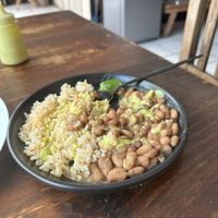 Beans and rice and the green hot sauce to spice it up    at Sol de Maple in Cozumel