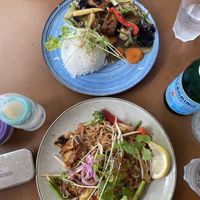 Vegan PhadThai below and Vegan StirFri with Garlic Sauce above   at Monkey Punch in Noosa Heads