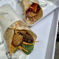 Tempeh in full grain wrap (left) and “pastrami” in full grain wrap (right). at Krowarzywa - Monte Cassino in Szczecin
