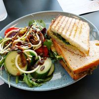 Grilled cheese sandwich with feta, avo and pesto. 109 SEK. Very nice! Vinaigrette was a little too sharp for my taste. at Bonne Femme in Johanneshov