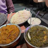 Aubergine curry, rice and vegan chicken saag  at The Vegan Indian in Amsterdam