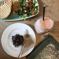 Toastie, house made cupcake and mango smoothie  at Thrive in Cambridge