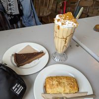 Plant-based sausage roll, billionaires tart, biscoff soya milk shake at Thrive in Cambridge