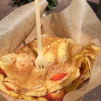 pancake w lemon curd, ice cream, strawberry   at Vegan Pip's in Leeuwarden