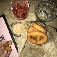 onion rings with three options of dips (all of them vegan) at Brixton House in Bratislava