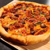 Pizza with Beyond meat.  at Brixton House in Bratislava