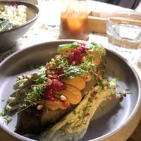 grilled eggplant, hummus, chipotle, pistachios, raspberries, mayo, microgreens, mint   at Brixton House in Bratislava