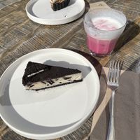 Oreo cheesecake and pink latte  at Brixton House in Bratislava