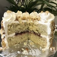 Almond cake with raspberry filling at Kindness Batters Vegan Bakery in Lake Worth