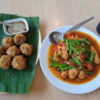 Fried seaweed balls and gai pad kruang gaeng tua fuk yao (mocked chicken sauté curry and long beans) at Dok Bua Vegetarian - Lotus Vegetarian in Phuket