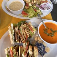 Caesar salad, club sandwich and roasted pepper soup.   at 821 Cafe in Richmond