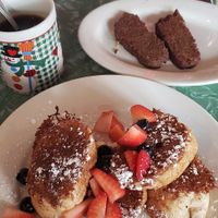 Vegan chai French toast with vegan sausage at 821 Cafe in Richmond
