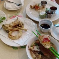 Scallion Pancakes, veggie tempura, house platter, soba noodle soup, side chili sauce at Grasshopper Restaurant in Boston