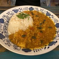 Daily meal with rice, curry and pimpking at VeggieDick in Mikulov