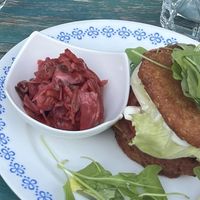 Kimchi burger, with fried patato bun.  at VeggieDick in Mikulov