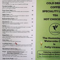 The current vegan menu at The Hummingbird - Little Bird in Mandurah