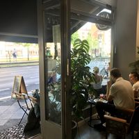 Looking out the front door at Kala Cafe in Berlin