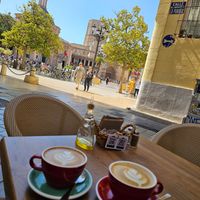 Lattes with oat milk. They also offer soy. at Brunch Corner in Valencia