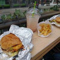 Chilli Chick'n, Ranch Chick'n, fries and Chocolate Shake at Mercy Burger in East London