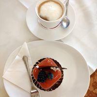 Vegan rubarb and chocolate patisserie with soya Viennese coffee at Café Central in Vienna
