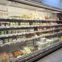 Different vegan products including vegan cheese at Bioshop in Turnhout