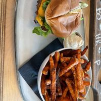 Burger and yam fries  at The Cider House in Vancouver