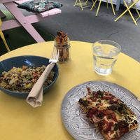 Vegan flatbread and vegan quinoa salad   at Third Wheel Coffee Co in Paihia