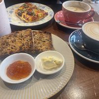 Vegan pizza and fruit toast   at Third Wheel Coffee Co in Paihia