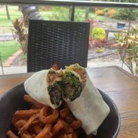 Vegan wrap with sweet potato chips $22  at Getaway Garden Cafe in Agnes Water