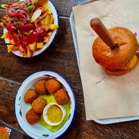 Bitter ballen, burger and loaded fries at BrewDog in Rotterdam
