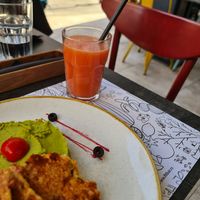 Kinoa burgers eith mashed peas, grape juice at Fit Bar in Belgrade