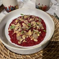 Beetroot risotto with lemon gel and toasted almonds. Delicious. Was recommended by the waiter and he wasn’t wrong.  at Taverna della Gelosia in Ostuni