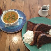 Spiced Pumpkin Soup, Unsweetened tea, and French Toast with non-dairy milk at Skyward Cafe in Flint Hill